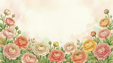 Watercolor ranunculus flowers border frame with soft pastel pink and yellow blooms on cream background for wedding invitations and spring designs.