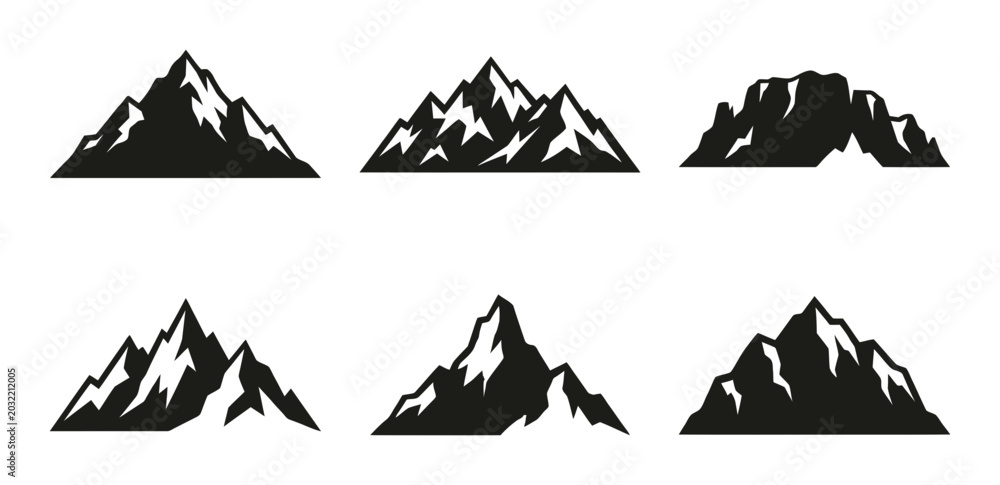 Fototapeta premium Mountain Peaks Vector Icons, Rugged Summit Silhouettes, Adventure Landscape Graphics