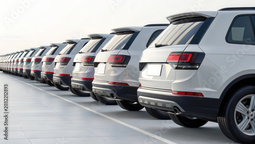 Row of identical new white luxury SUVs parked outdoors at a modern car dealership lot, automotive retail, business fleet, transportation sales.