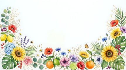 Watercolor floral border with sunflowers, tropical leaves, wildflowers and citrus fruits on white background for wedding invitations and greeting cards.