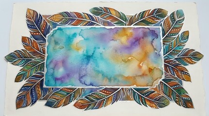 Watercolor feather frame with colorful abstract background, decorative border design for artistic projects and creative layouts.