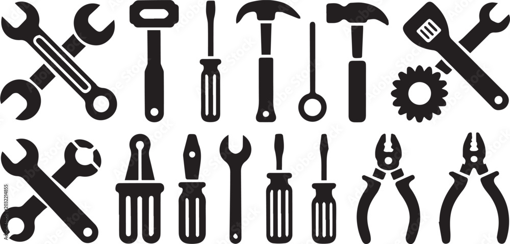 Obraz premium Set of black tools silhouettes wrenches hammers screwdrivers pliers and gear