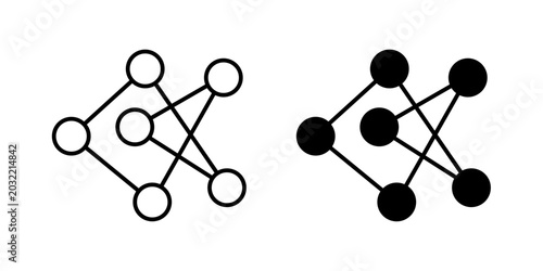 Neural network icon in outline and solid style, isolated on white background. Ideal for artificial intelligence, machine learning, and deep learning features in mobile and web design.