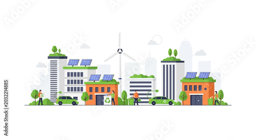 Eco-friendly city illustration with solar panels, wind turbine, green cars, and recycling
