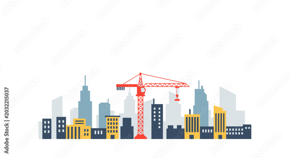 Fototapeta premium Cityscape construction with crane, modern buildings, urban development, flat design