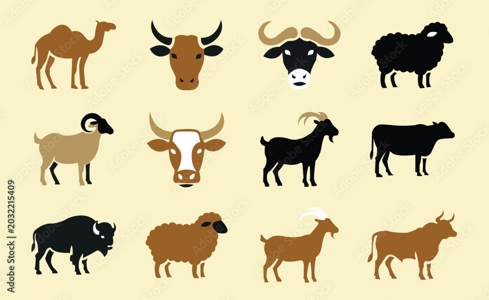 Fototapeta premium Eid al-Adha Animal Icons Set Flat Vector Illustrations.eps