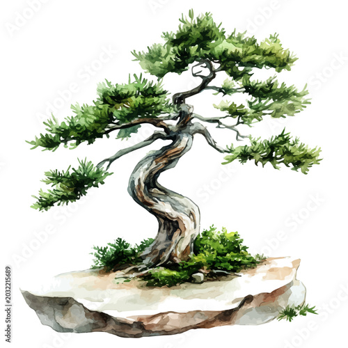 Bilde på lerret Hemlock Bonsai, watercolor vector portraying a joyful pose with colorful highlights, isolated on a white background