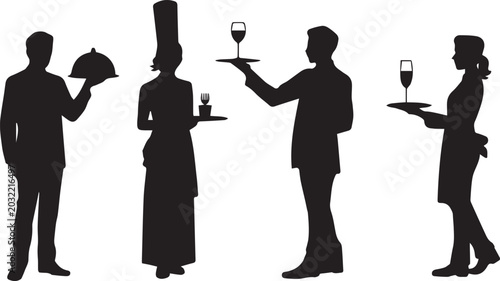 Waiters serving wine to guests at formal event in elegant black silhouette style
