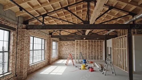 Spacious industrial-style interior under construction with brick walls and large windows