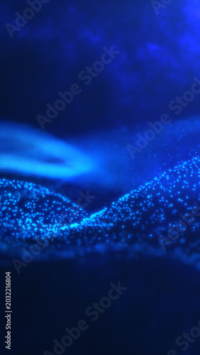 Blue digital particle wave with glowing dots and depth, futuristic data landscape abstract background