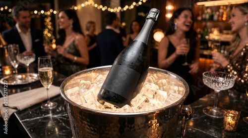 Champagne bottle in ice bucket party.