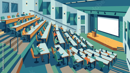 University lecture hall with students sitting at desks and a professor presenting in front of a large projection screen, Generative AI