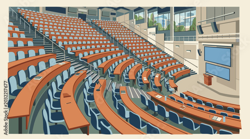 Empty university lecture hall with tiered seating and projection screens modern college auditorium interior with rows of desks and chairs for students vector illustration, Generative AI
