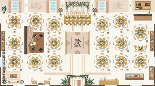 Top view of a wedding reception hall layout with round guest tables a sweetheart table a dance floor a stage for a band a bar and lounge area elegant event venue floor plan illustration, Generative AI