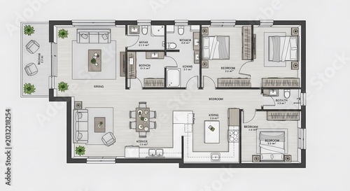 Detailed architectural floor plan layout of modern apartment with furniture arrangement and room labels
