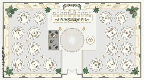 Wedding reception floor plan with numbered tables head table dance floor and band stage in a ballroom setting, Generative AI
