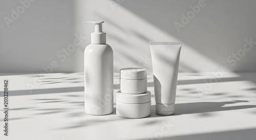 Minimalist white skincare bottles and brushes on textured surface with soft light