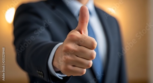 Businessman giving thumbs up in office