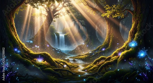 Mystical forest scene with glowing fireflies and sunbeams through trees