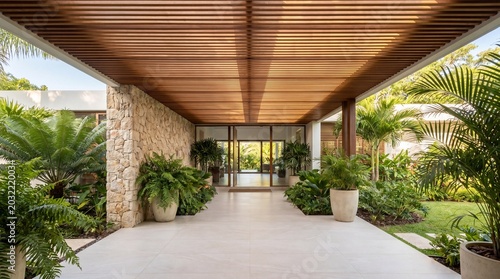 Tropical modern portico, Wood slat canopy, Stone feature wall, Lush entry landscaping, Glass front door, Resort style home