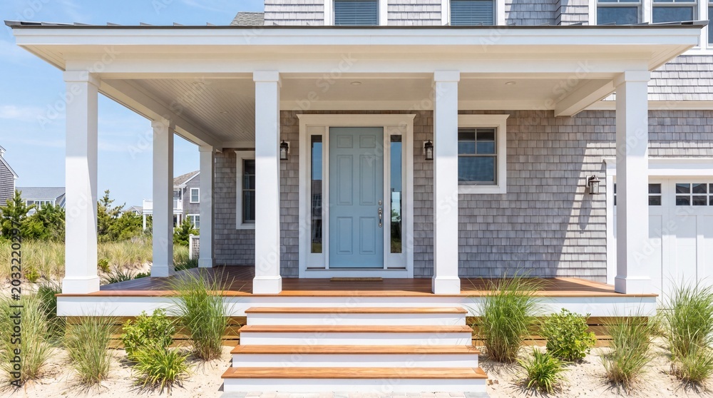 Fototapeta premium Coastal white column portico, Pale blue front door, Shingle siding facade, Wide covered entry, Beach grass landscaping, Bright exterior