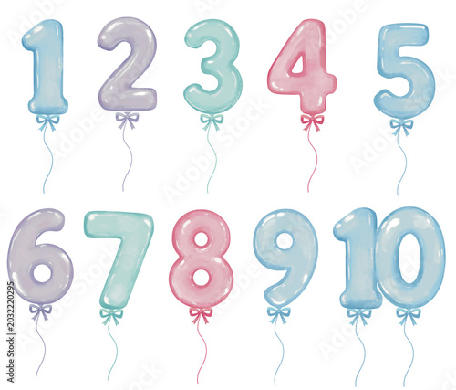 Pastel Watercolor Number Balloons Set 1 to 10 for Birthday Celebration