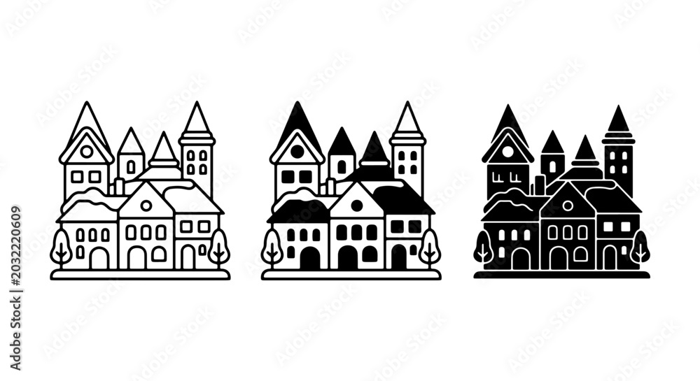 Fototapeta premium Charming Village Buildings Vector Set: Outline, Filled, Silhouette Icons for Urban Design & Architecture Concepts