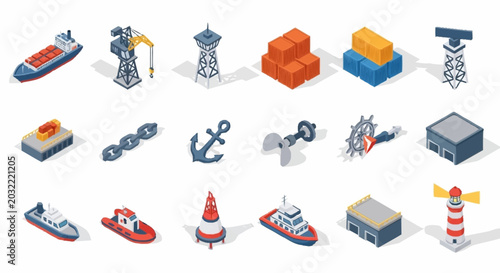 Canvas-taulu Collection of isometric icons representing maritime and port elements, including ships, cranes, containers, and navigational aids