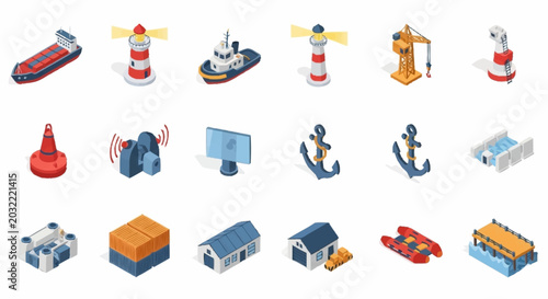 Foto Collection of isometric maritime and nautical icons representing various vessels, structures, and equipment