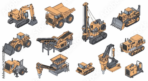 Εκτύπωση καμβά Isometric illustration of various construction and mining vehicles in yellow color