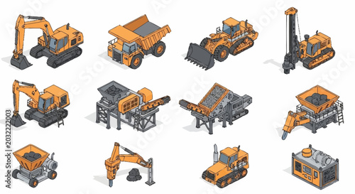 Schilderij op canvas Collection of isometric construction and mining equipment, including excavators, dump trucks, bulldozers, and drills