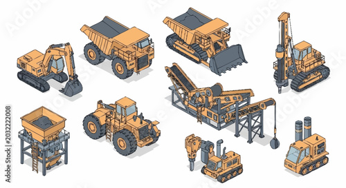 Canvas Print Collection of isometric construction and mining heavy machinery and equipment, isolated on white background