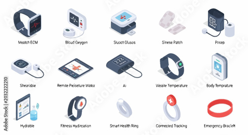 Collection of isometric icons representing various health monitoring devices and technologies for personal wellness and medical care.