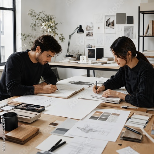 Two designers working collaboratively at a large desk, surrounded by sketches, mood boards, and architectural drawings. The scene evokes a sense of creativity and focused work