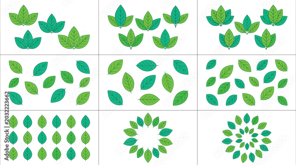 Fototapeta premium Comprehensive Vector Collection of Green and Teal Leaf Icons Botanical Illustrations Patterns and Circular Wreaths for Design Projects