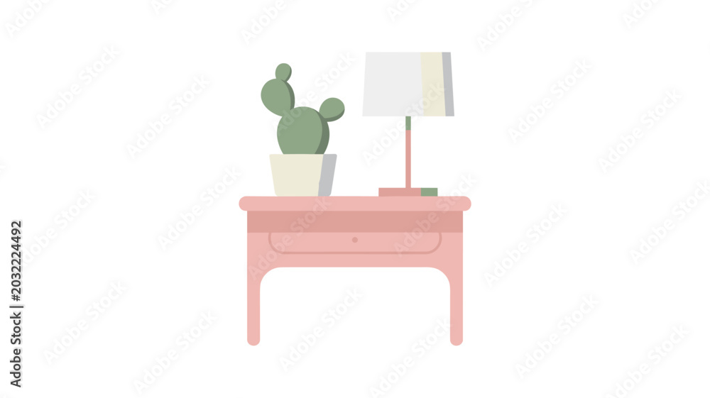 Fototapeta premium Close up of a single pink nightstand featuring a glowing lamp and a decorative potted cactus plant illustrated on a clean and bright white background.