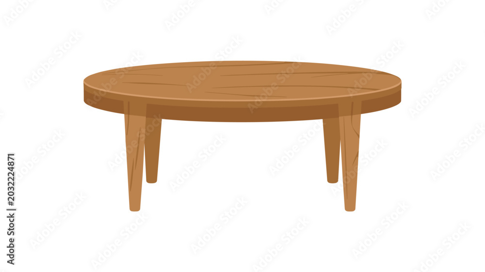Fototapeta premium A circular brown wooden table with robust, thicker legs stands isolated in a neutral, brightly lit space that emphasizes the natural wood texture and smooth finish.