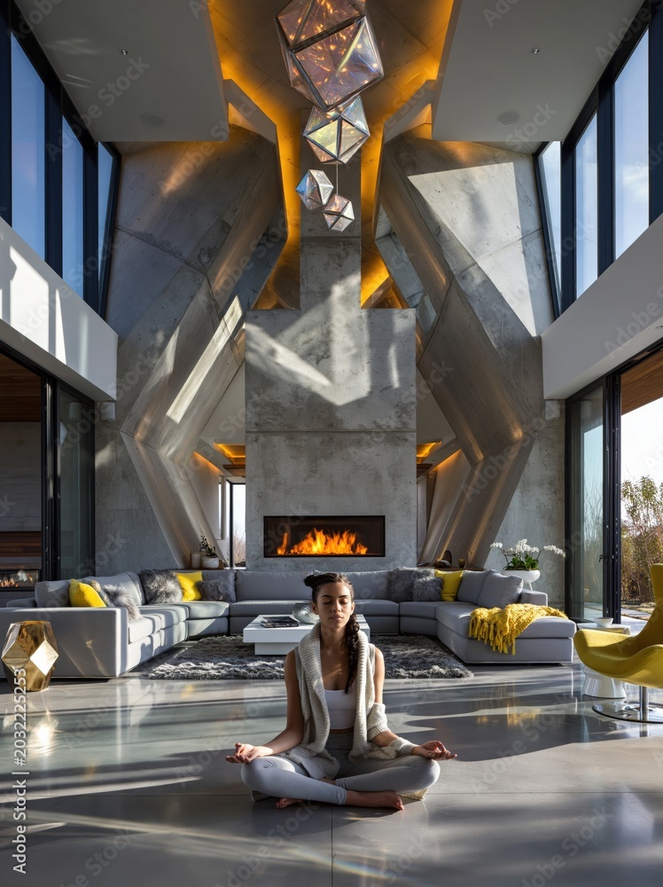 Fototapeta premium Modern Luxury Living Room with Geometric Architectural Features and Woman Meditating