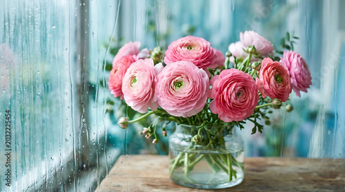 Beautiful bouquet of pink ranunculus flowers in a glass vase on a wooden table against a rainy window background, creating a cozy and romantic atmosphere