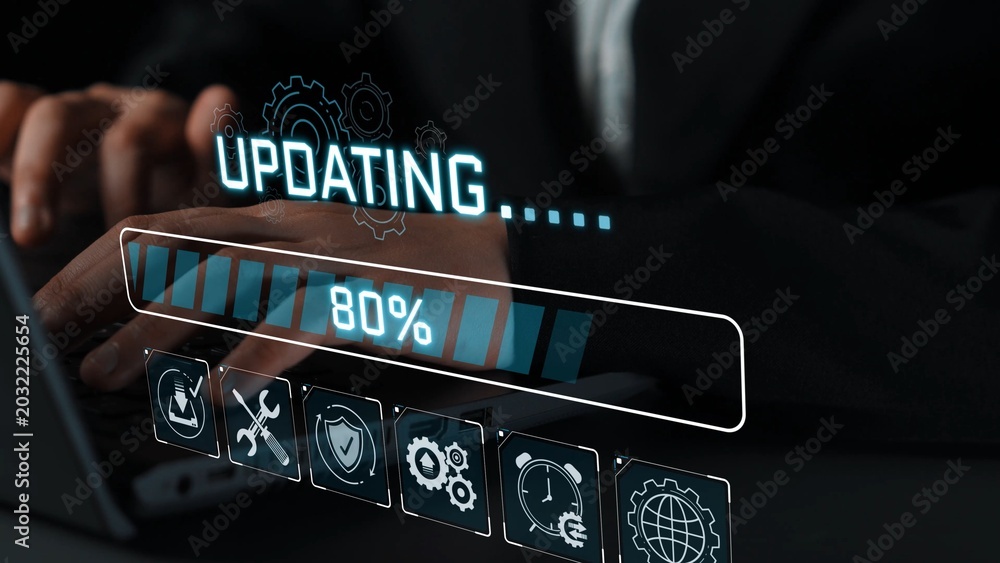 Obraz premium Businessman Hands On Laptop Displaying Progress Bar And Icons Representing Technology Updates Digital Interface Modern Workspace Concept Sigmoid