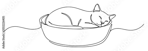 Schilderij op canvas cat sleeping in bowl simple minimalist drawing with one thin line
