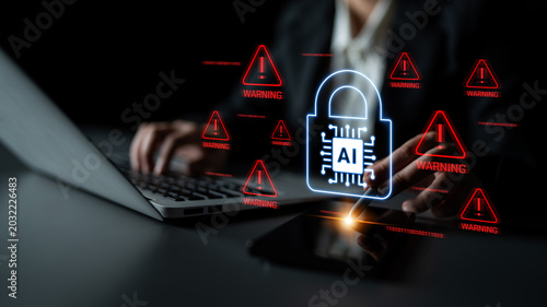 A modern representation of AI security threats featuring a glowing padlock, warning signs, and a user interacting with technology, emphasizing the importance of digital safety and vigilance. Cyphers