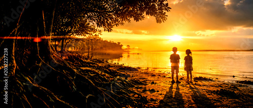 Two silhouettes of children stand on a beach facing the ocean at sunset, bathed in golden light with strong root system on the left