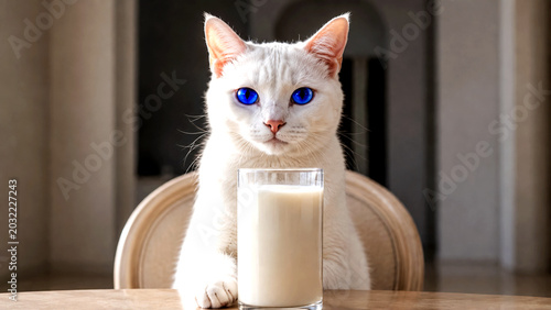 White Cat with Electric Blue Eyes and Milk