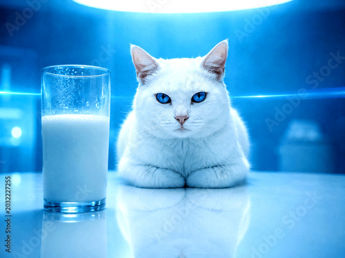 White Cat and Milk Glass: A striking white cat with piercing blue eyes sits regally beside a glass of milk, illuminated by a cool, futuristic blue light, creating an intriguing and serene atmosphere.