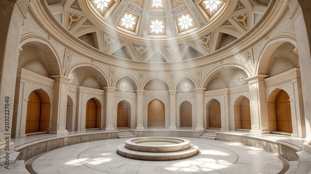 Fototapeta premium Classical Roman Architecture Interior with Circular Dome and Arched Colonnade in Marble Stone