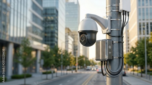 Modern security camera mounted on a city pole. CCTV surveillance system in a smart urban environment with office buildings. Public safety and monitoring technology