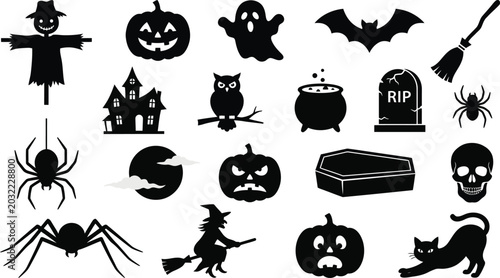 Foto Halloween Silhouettes Black Shapes Of Ghosts Spiders And Pumpkins