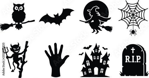 Konstfotografi Halloween Silhouettes Owl Bat Witch Spiderweb Devil Hand Haunted House Tombstone