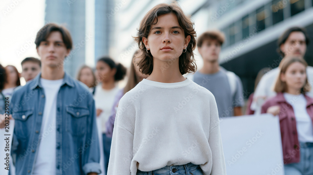 Obraz premium Young woman leading a group of people at a peaceful protest outdoors 
